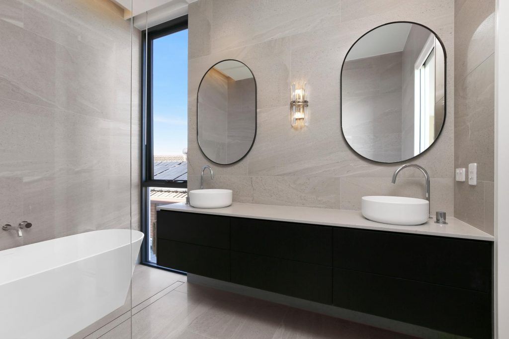 Veneer double vanity with a stone benchtop - Putney, Sydney