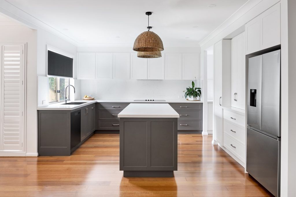 Barden Ridge, Satin Polyurethane Shaker Kitchen with an island, stone benches &amp; splashback and Butler's Pantry