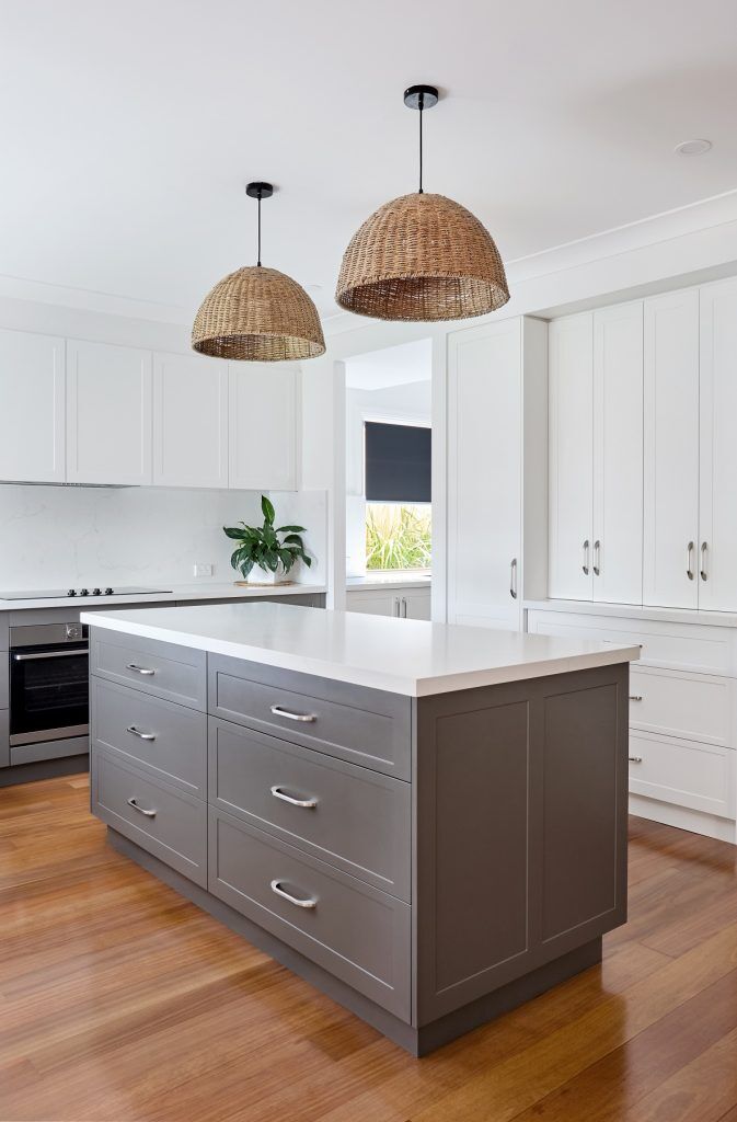 Barden Ridge, Satin Polyurethane Shaker Kitchen with an island, stone benches &amp; splashback and Butler's Pantry