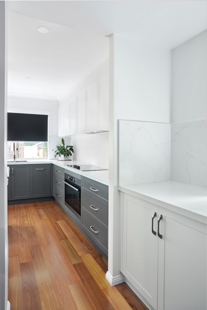 Barden Ridge, Satin Polyurethane Shaker Kitchen with an island, stone benches &amp; splashback and Butler's Pantry