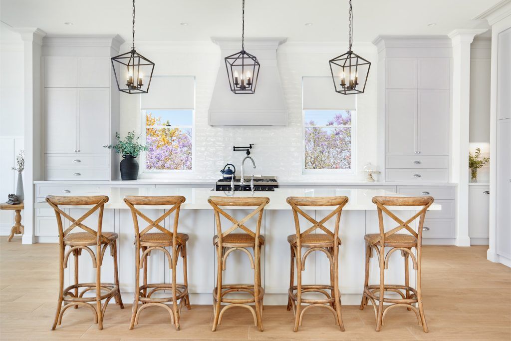 Belmore, Satin Polyurethane Shaker style kitchen with a stone benchtop and splashback